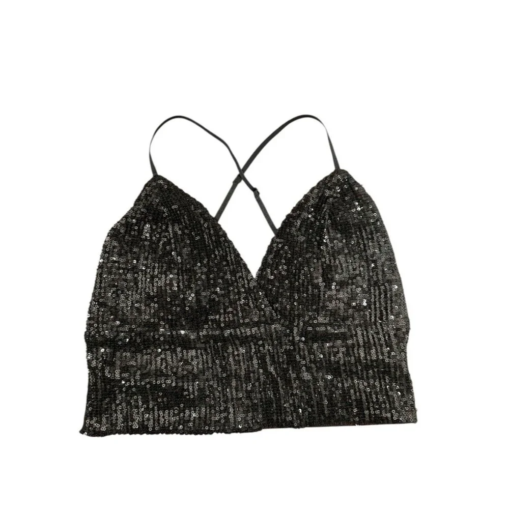 Vintage Y2K Glamazon Black Sequin V-Neck Crop Cami Top. Size S. Nightclub glam
